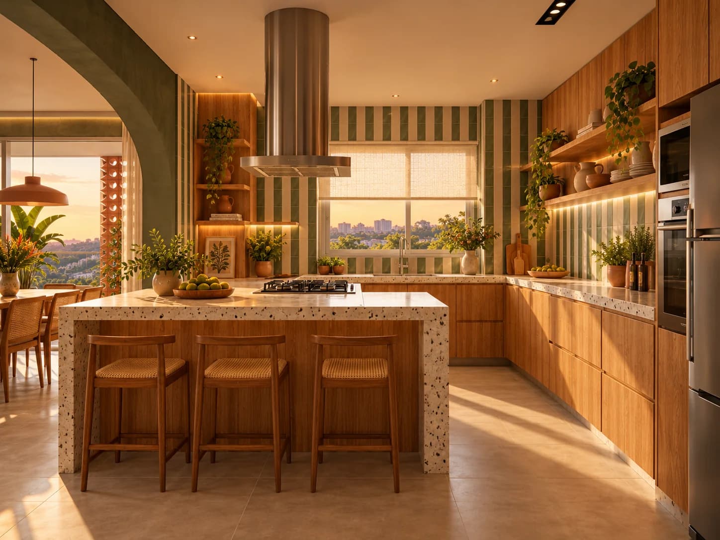 Cozinha com marcenaria natural e revestimentos verde-oliva