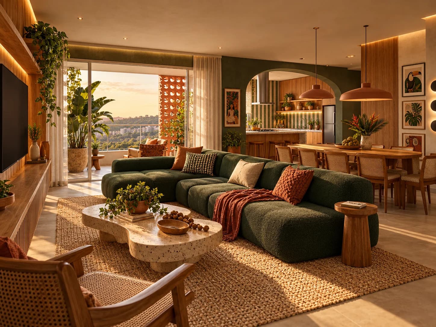 Sala de estar com sofá verde, madeira e arte brasileira