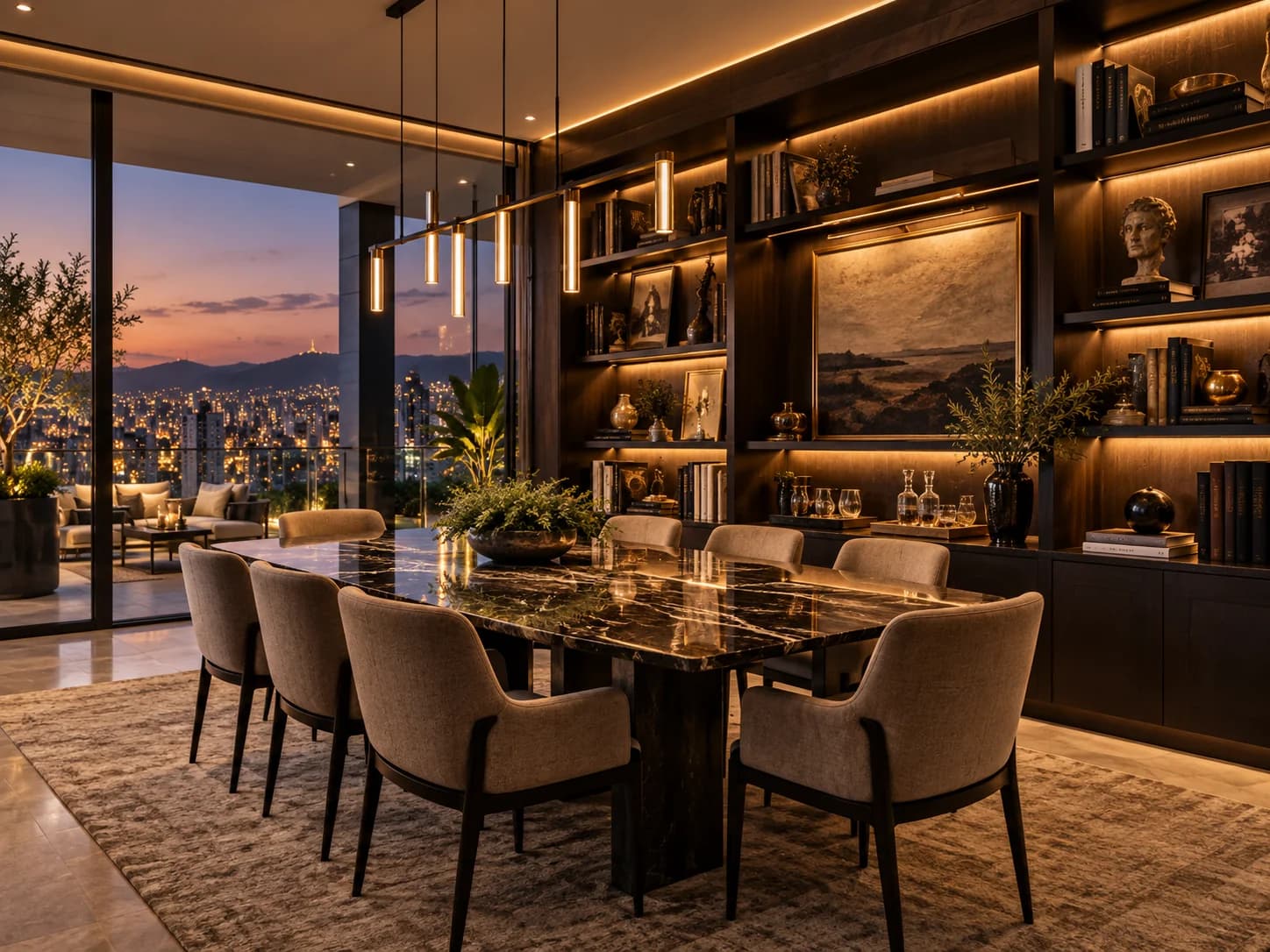 Sala de jantar elegante com iluminação indireta e pedra escura