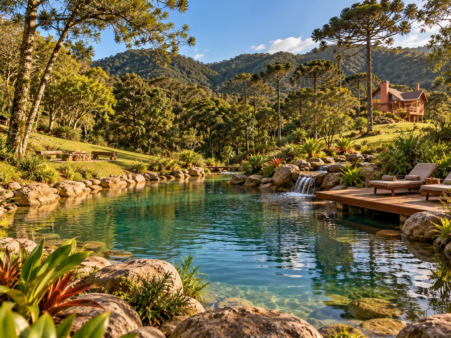 Lago artificial para banho, com pedras naturais e vegetação, distante da casa