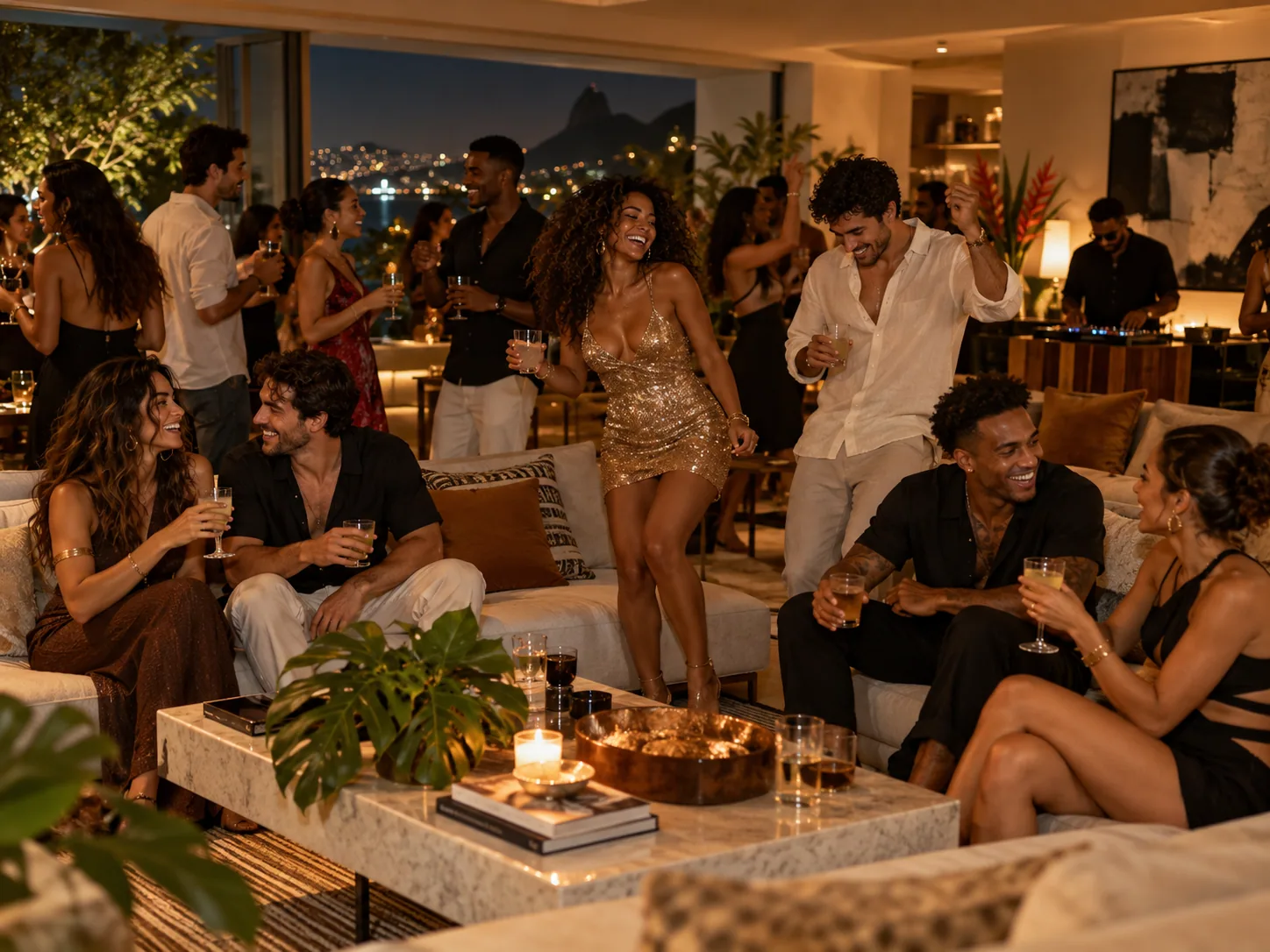 Amigos diversos celebrando juntos em uma sala de estar
