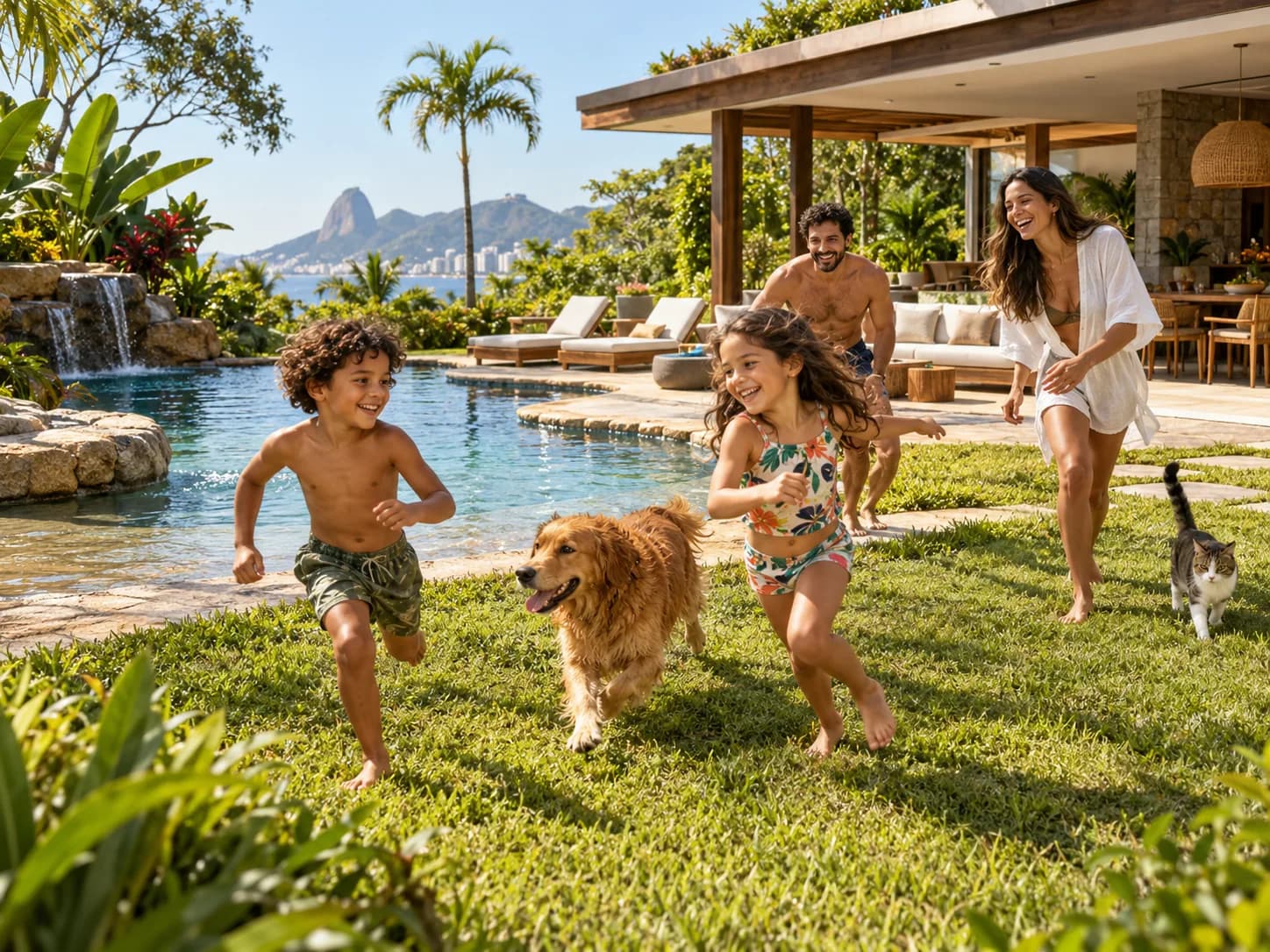 Família brincando com crianças e animais no jardim junto à piscina